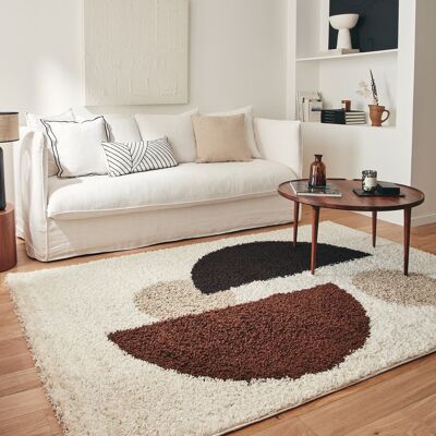 Shaggy long pile rug with geometric pattern in brown, beige, coffee and cream