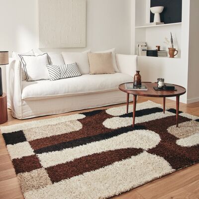 Shaggy long pile rug with graphic pattern in brown, beige, coffee and cream