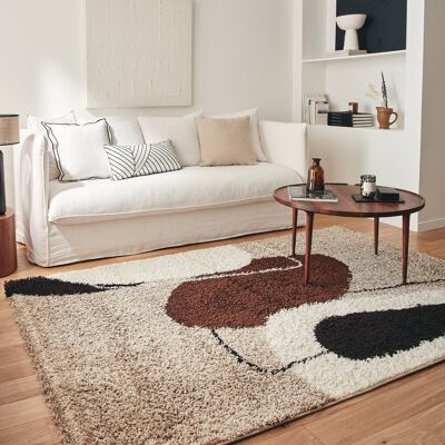 Shaggy high pile rug with artistic pattern in brown, beige, coffee and cream