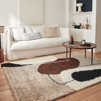 Tapis shaggy à poils long motif artistique de couleur marron, beige, café et crème