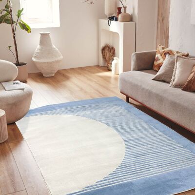 Blue semi-circle pattern short-pile living room rug