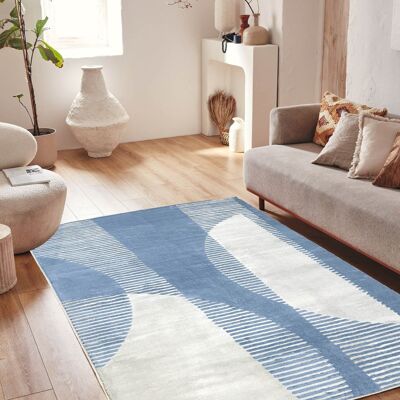 Blue abstract pattern low pile living room rug