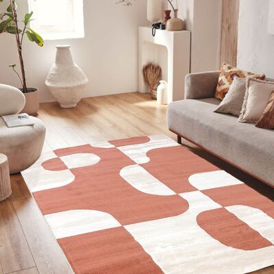 Short pile living room rug with brown graphic pattern