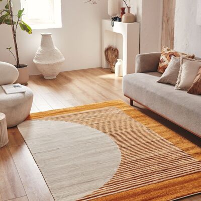 Short pile living room rug with semi-circle pattern Ocher
