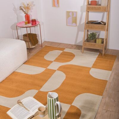 Short pile living room rug with ocher graphic pattern