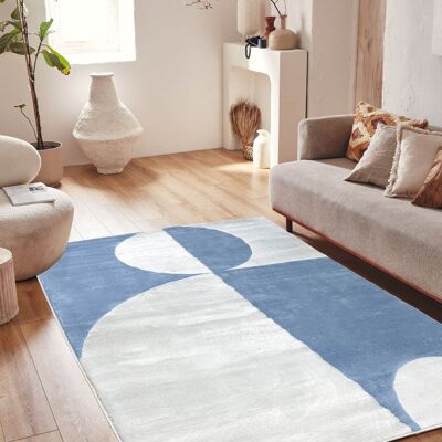 Blue geometric pattern short-pile living room rug