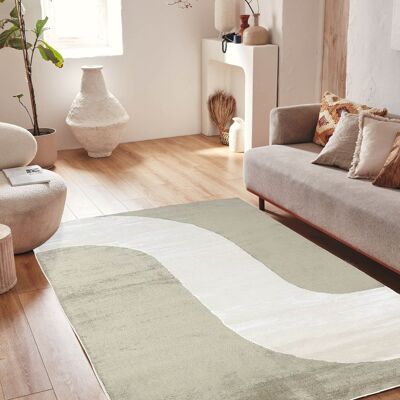 Short pile living room rug with green wave pattern