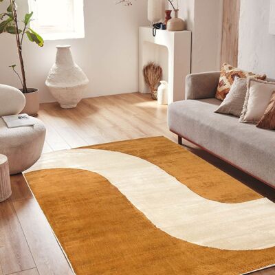 Short pile living room rug with ocher wave pattern