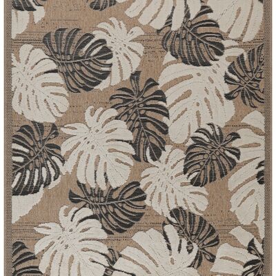 TULUM - alfombra de salón - negra para interior y exterior - aspecto de yute con motivos de hojas tropicales