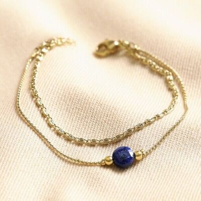Blue Stone Double Layered Chain Bracelet in Gold
