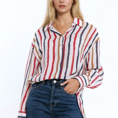 langes Baumwoll-T-Shirt mit Streifen, mehrfarbig, rot und marineblau