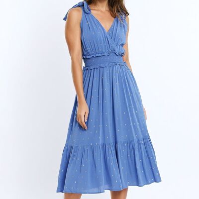Robe midi croisée bleu marine avec détails sur la ceinture et les lunes dorées