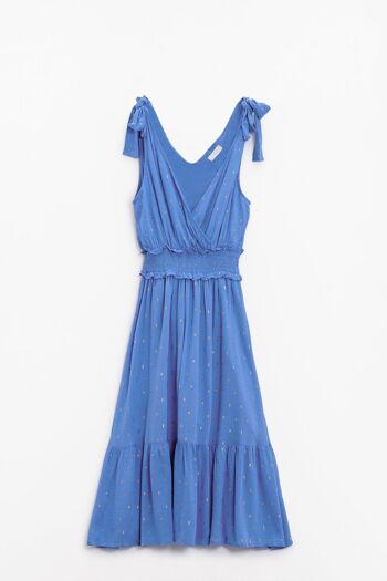 Robe midi croisée bleu marine avec détails sur la ceinture et les lunes dorées 4