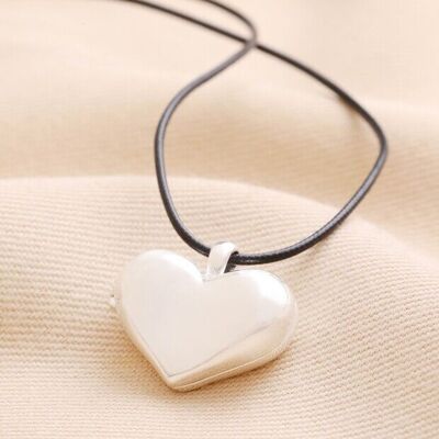 Chunky Silver Fluid Locket Heart Necklace On Cord