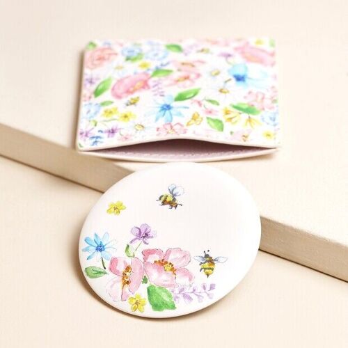 Pink Floral Round Compact Mirror in Pouch