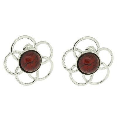 Large Cherry Amber Flower Stud Earrings and Presentation Box