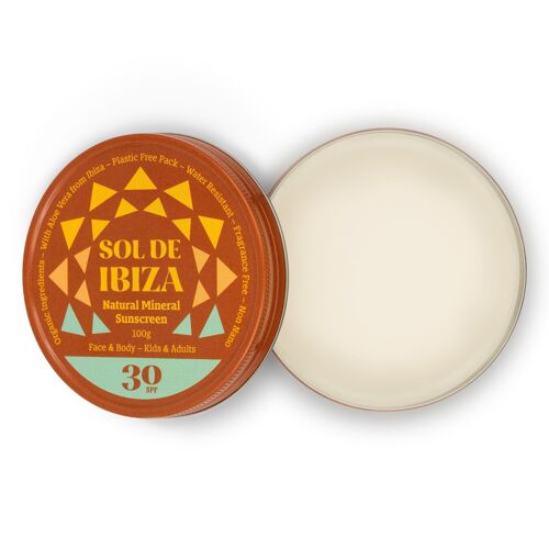 Crema Solar natural SPF30 Sol de Ibiza. BIO. Filtros minerales.  Sin plástico. Lata 100 ml.