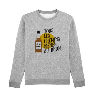 SWEAT GRIS CHINÉ HOMME TOUS LES CHEMINS MÈNENT AU RHUM