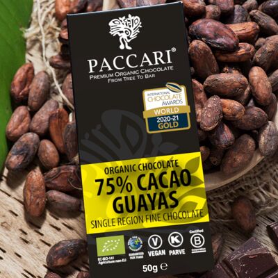 Guayas de chocolate orgánico, 75% cacao
