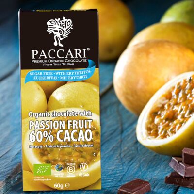 Organic chocolate passion fruit, 60% cocoa – sugar-free