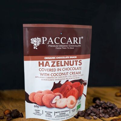 Organic chocolate-coated hazelnuts with coconut cream