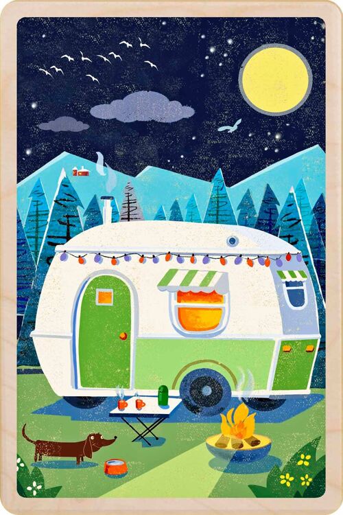 Wooden Postcard GREEN CARAVAN Card