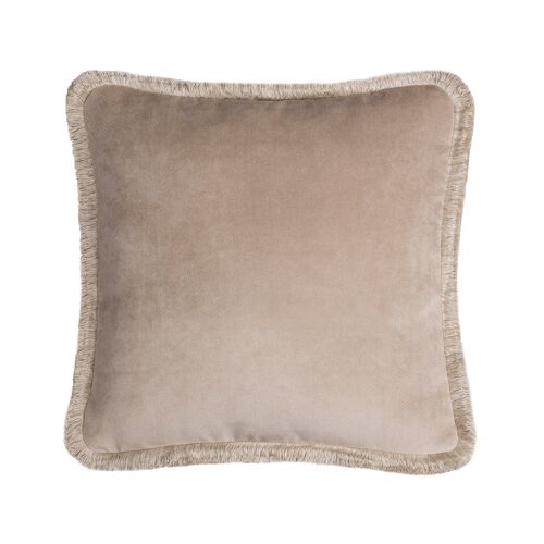 HAPPY PILLOW Beige Velvet With Beige Fringes