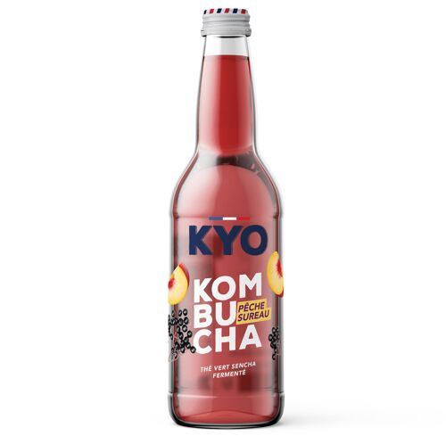 KYO bouteille verre 33cl Kombucha Pêche Baies de Sureau bio - Pétillant - faible en sucre - sans alcool et artisanal