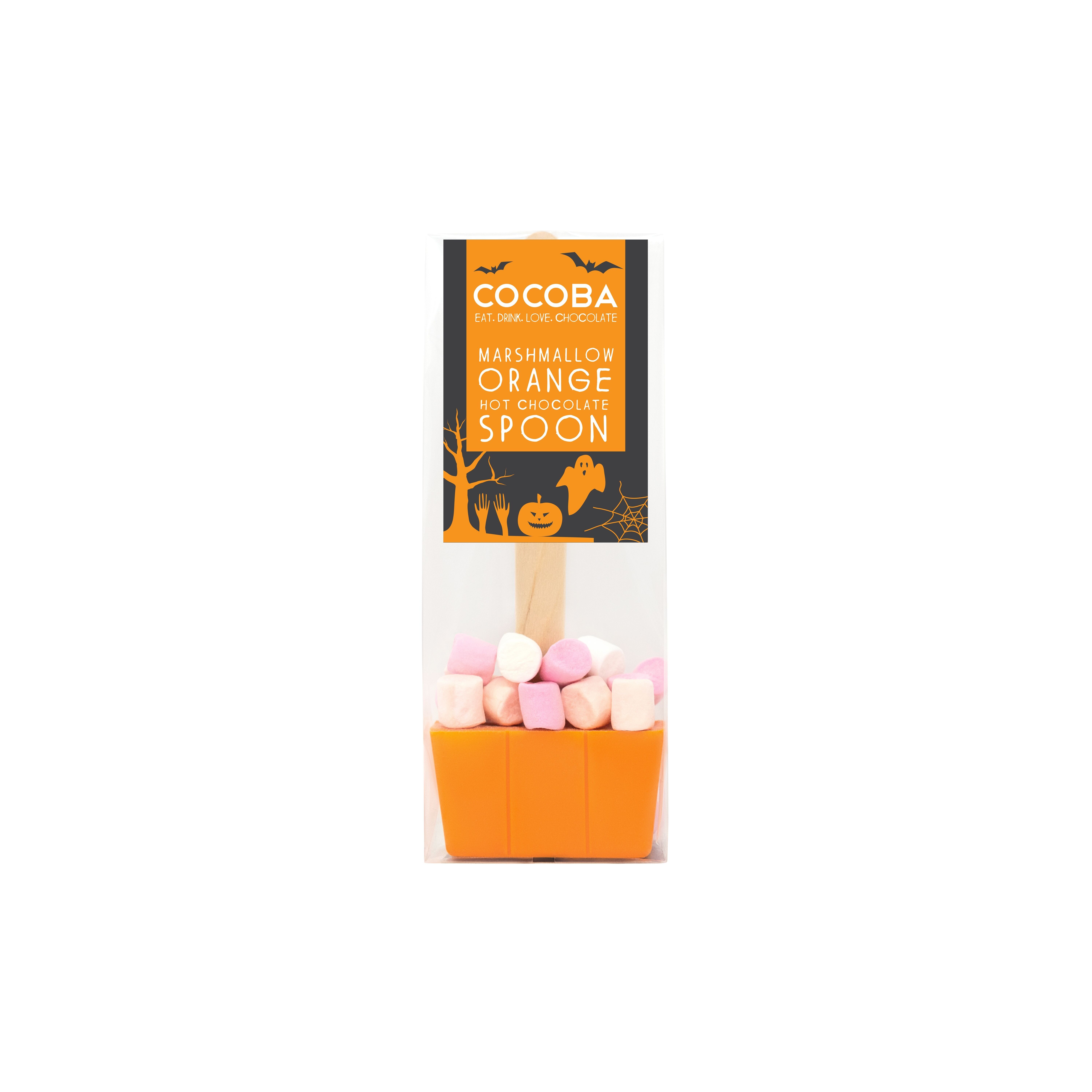 Cucchiaio di cioccolata calda arancione di Halloween con marshmallow