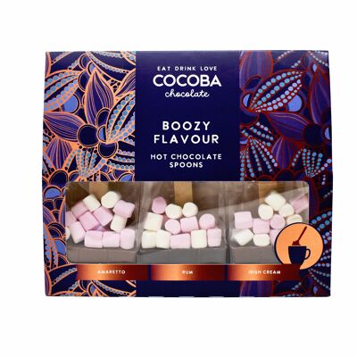 Coffret cadeau de 3 cuillères à chocolat chaud alcoolisées avec guimauves