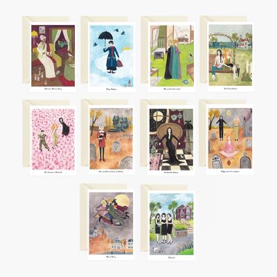 Postales temáticas de brujas conjunto de 10 ilustraciones diferentes