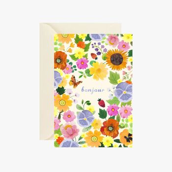 carte postale bonjour et motif fleuri 1