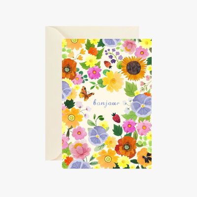 carte postale bonjour et motif fleuri