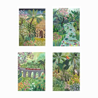Set mit 4 dekorativen A4-Dschungel- und Tropenplakaten