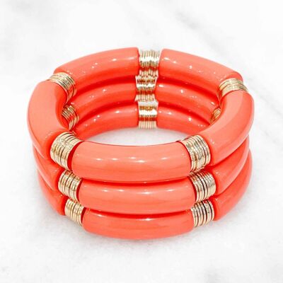Trendy elastic bracelet with acrylic tubes and flat beads in brass gilded with fine 14K gold