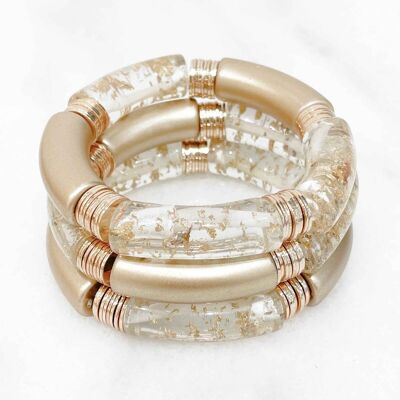 Bracelet élastique tendance avec tubes acryliques et perles plates en laiton doré à l'or fin 14K