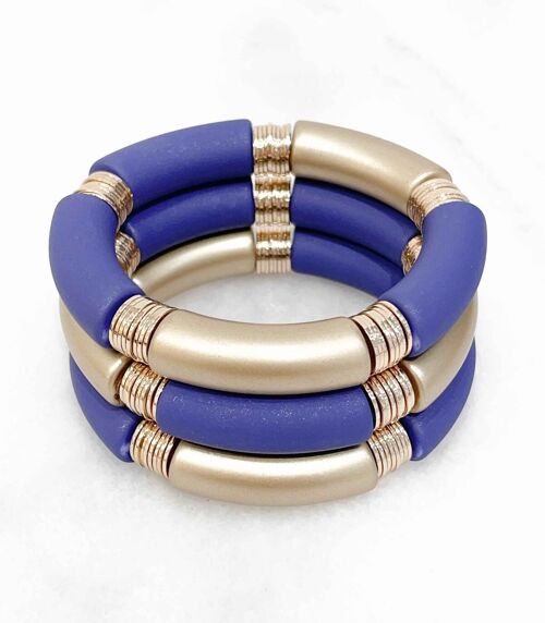 Bracelet élastique tendance avec tubes acryliques et perles plates en laiton doré à l'or fin 14K