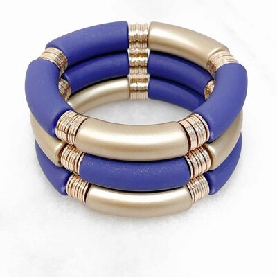 Trendiges elastisches Armband mit Acrylröhren und flachen Perlen aus Messing, vergoldet mit feinem 14 Karat Gold