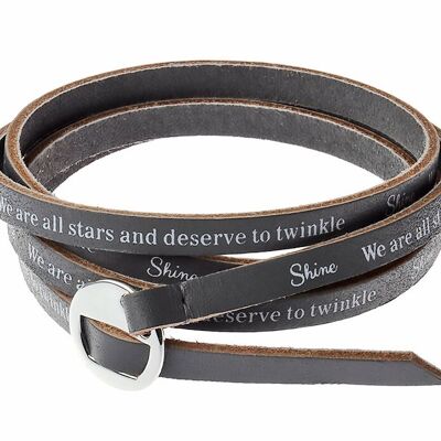 Sternenlichtgraues Armband aus echtem Leder mit glänzender Botschaft