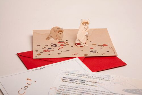 Waschbären - Holzgrußkarte mit PopUp-Motiv