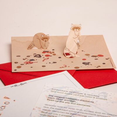 Raccoons - wooden greeting card with pop-up motif
