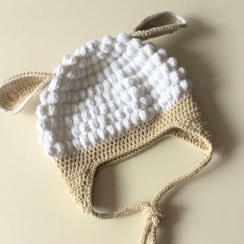 Organic Cotton Lamb Handknit Baby Bonnet, perfect baby gift, first year gift, unique baby bonnet, neutral tones, baby bonnet with ears.