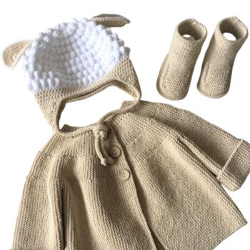 Bonnet bébé tricoté à la main en coton biologique, cadeau de bébé parfait, cadeau de première année, bonnet de bébé unique, tons neutres, bonnet de bébé avec oreilles. 4