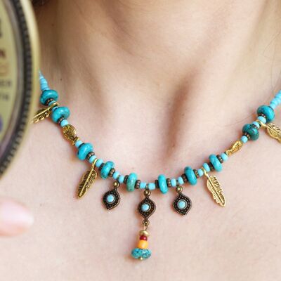 Turquoise Beaded Feather Necklace