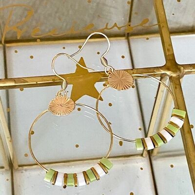 Grandes Boucles d'oreilles Soleil vert perles plates japonaises Tila et perles naturelles hématites, idée cadeau femme fête des mères