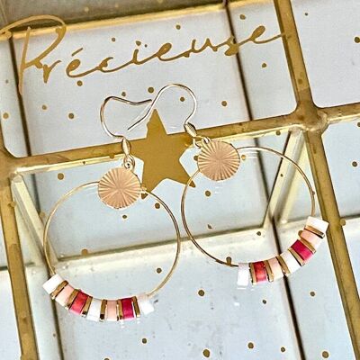 Grandi orecchini sole rosa con perle di vetro piatte quadrate e perle di ematite naturale, gioielli estivi da donna