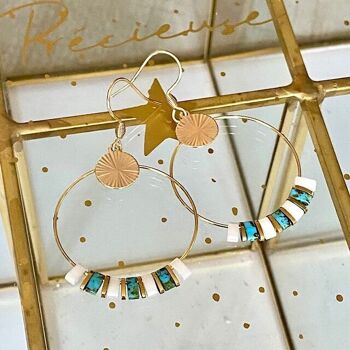 Grandes boucles d'oreilles Soleil turquoise perles japonaises plates hématite, bijou femme cadeau original 1