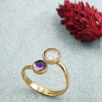 Amethyst and Moonstone Crystal Stone Ring