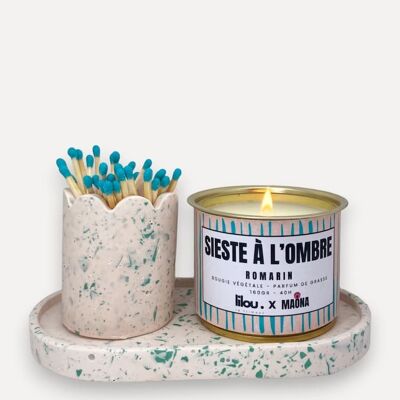 MAONA x LILOU set in nude and blue jesmonite & Nap candle in the shade Rosemary
