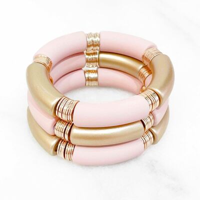 Trendy elastic bracelet with acrylic tubes and flat beads in brass gilded with fine 14K gold